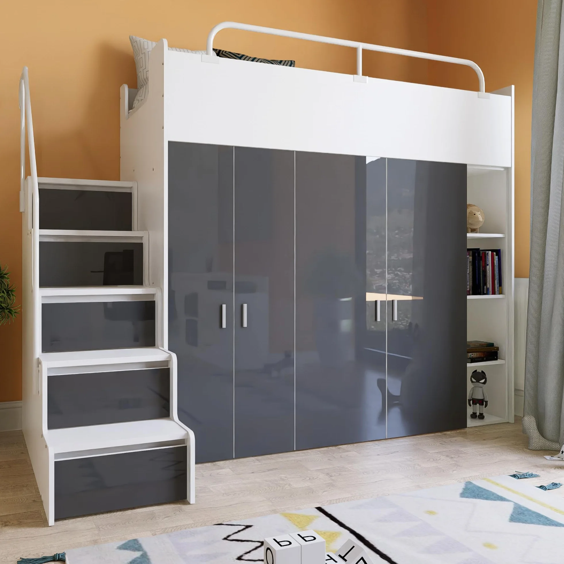 Funkcjonalne Wszechstronne Piętrowe Łóżko JSM-2 80x190 Ze Schodami Nowoczesny Młodzieżowy Unikalny Styl Idealne Do Pokoju Dziecka (Grafitowy Połysk)
